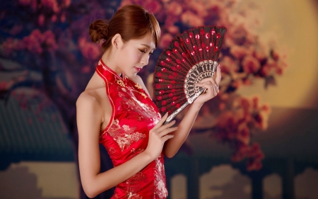 Beauty - woman, hand fan, fan, girl, red, asian, model