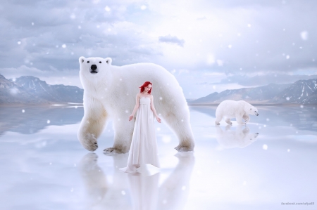 White fantasy - ice, redhead, girl, polar bear, winter, urs, fantasy, creative, white, rafy-a, luminos, dress