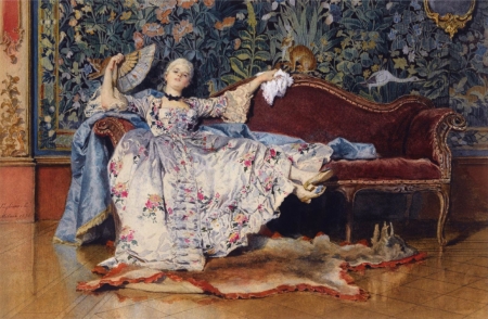 Lady with a fan - hand fan, sofa, dress, girl, fan, fur, pictura, lady, painting, eleuterio pagliani, luminos