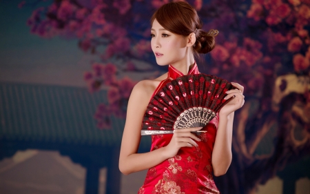 Beauty - woman, hand fan, fan, girl, red, asian, model