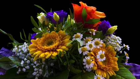 Bouquet of Flowers - summer, flowers, bouquet, orange, yellow, still life, nature, blue