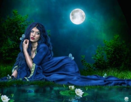 Queen of the Moon - digital, pretty, water, beautiful, girl, night, blue, art, mood, serene, fantasy, people, photography, lovely, moon, woman