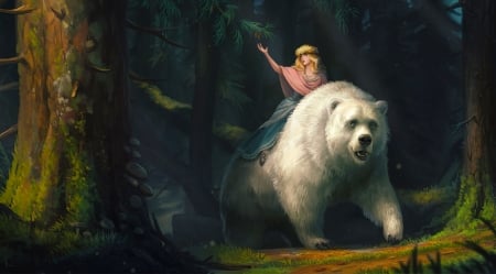 Princess and White Bear - white bear, beautiful, girl, forest, bear, fantasy, digital, woman, nice, art