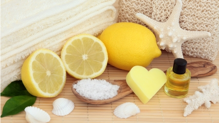 Essence of Lemon - beauty, wooden spoon, citrus, n spoon, health, lemon, salts, sea shells, star fish, tranquil, spa, towels, essential oil, firefox persona theme, relax