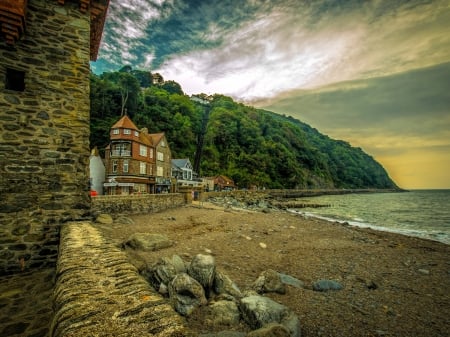 House and Stones on the Beach,England - stone, sky, beach, england, trees, house