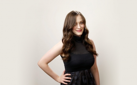 Kat Dennings - brunettes, simple background, actress, kat dennings, hand on hips, dress