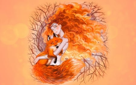 Fox spirit - luleiya, spirit, fox, girl, orange, fantasy, redhead, art, luminos