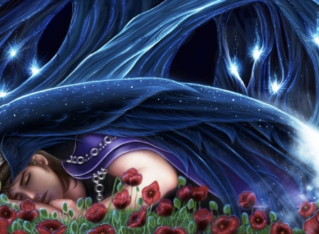 Sleeping beauty - moon, girl, red, blue, night, luna, fantasy, flower