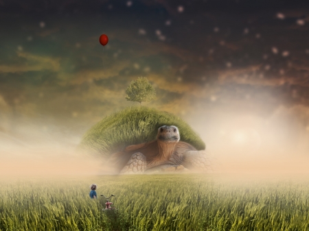 Fantasy - turtle, fantasy, green, girl, grass, creative, luminos