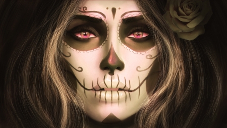 :-) - amethyst, girl, eyes, dia de los muertos, pink, fantasy, halloween, sugat skull, face