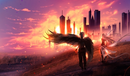 Another day - fantasy, ruky, girl, sunrise, silhouette, angel, art, luminos