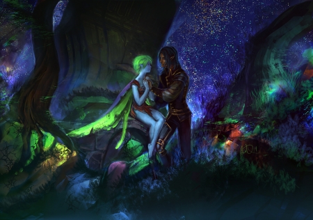 Fantasy couple - blue, att, night, fantasy, green, fairy, anndr, couple, luminos