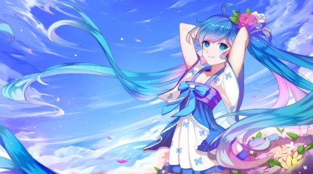 Hatsune Miku - anime, vocaloid, summer, blue, girl, hatsune miku, manga, wind, liuzexipng