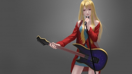 Singer - realistic, guitar, girl, singer, microphone, shi yu, red, blue, luminos, anime, mu yun, blonde, manga