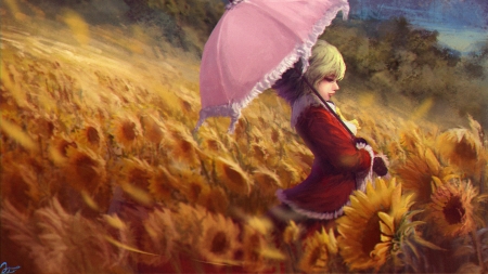 Kazami Yuuka - anime, girl, pink, manga, kazami yuka, umbrella, touhou, sunflower, matsura itchirou, red, field, art, luminos