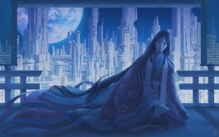 Kaguya Hime - moon, anime, kaguya hime, blue, girl, manga, fantasy, take bamboo, princess, luminos, luna