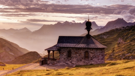 small monastery in the mountains - mountains, monastery, grass, small