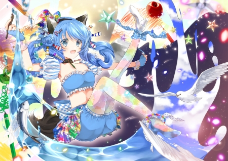 Anime girl - girl, blue, anime, fish, bird, manga