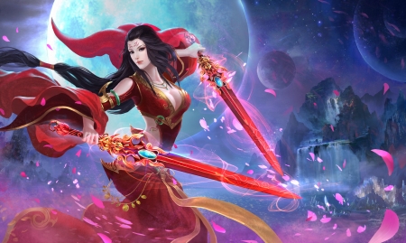 Fantasy girl - moon, girl, frumusete, fantasy, game, red, luminos, blue, sword, luna