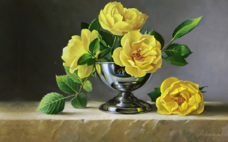 yellow roses - vase, trandafir, flower, pieter wagemans, pictura, silver, painting, rose, art, luminos