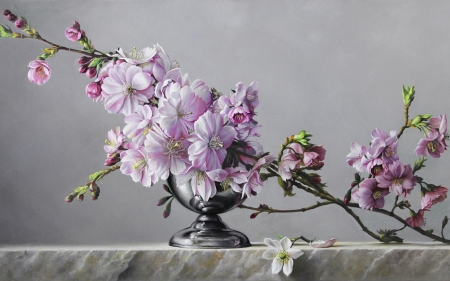 Spring bouquet - vase, sakura, blossom, spring, flower, pink, bouquet, pieter wagemans, pictura, silver, painting, luminos