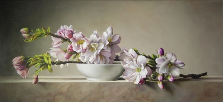 Spring - flower, pink, spring, sakura, still life, art, white, bowl, pictura, pieter wagemans, luminos, painting