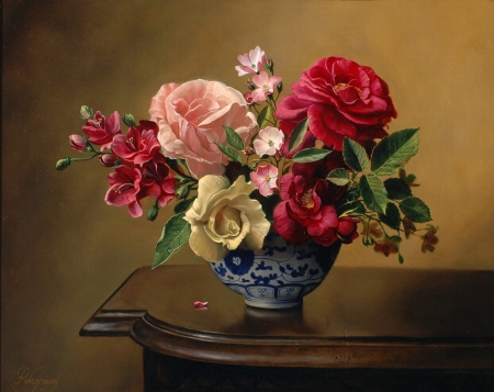 Flowers - bouquet, rose, still life, vase, painting, art, pink, red, pictura, flower