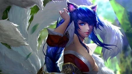 Ahri - game, girl, frumusete, fox, blue, white, nine tailed, fantasy, league of legends, luminos