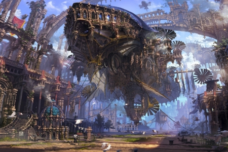 Steampunk City - art, ruins, steampunk, airship, hall, bridge, groundet