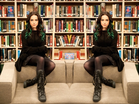 Elizabeth Gillies - library, actress, 2017, elizabeth, gillies, wallpaper, singer, boots, stockings, model, legs, elizabeth gillies, beautiful, dress