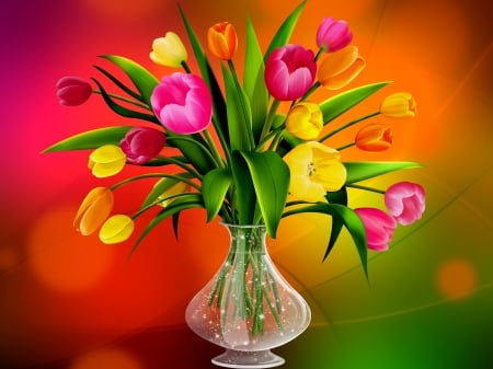 TULIPS - leaves, stems, petals, vase