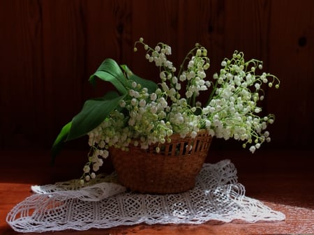 Lilies of the valley - Lace, Lilies, Basket, Flowers