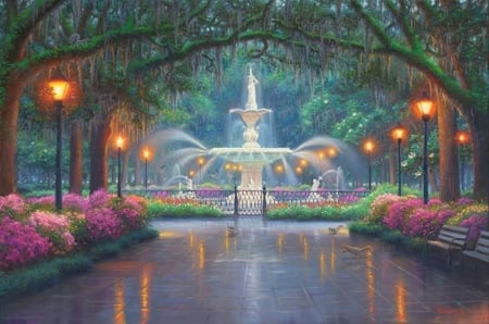 Savannah Serenade - benches, summer, love four seasons, attractions in dreams, flowers, electric lights, fountain, parks, nature, paintings