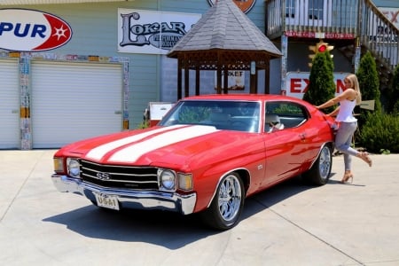 1972 Chevrolet Malibu 350 Chevelle SS Clone and Girl - ss, chevelle, chevrolet, girl, malibu, clone, car, muscle, red, old-timer, 350