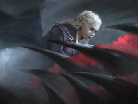 Daenerys Targaryen - game of thrones, black, fantasy, dragon, wings, art, daenerys targaryen, luminos