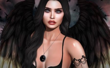 Dark angel - rendering, girl, dark, angel, luminos, fantasy, black