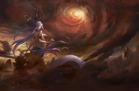 Dragon Lady - dragon lady, art, nu wa, girl, luminos, orange, fantasy