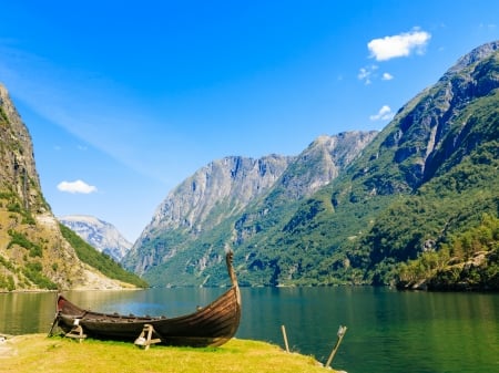 Gudvangen Fjordtell, Norway - landscape, water, mountains, boat