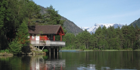 Sandane, Norway - house, water, forest, mountains, sognefjord