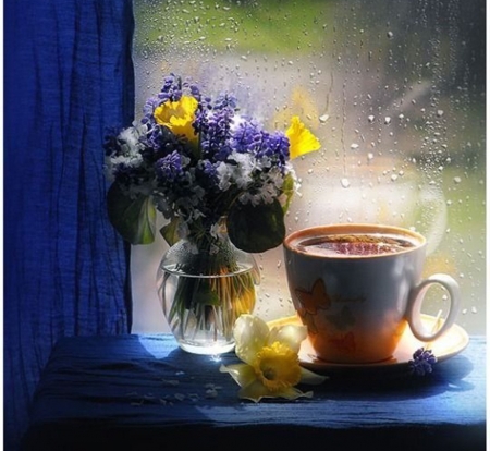 rainy day - flowers, coffee, photography, rain, beauty, still life