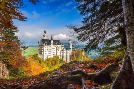 Neuschwanstein castle in autumn - view, autumn, trees, bavaria, castle, beautiful, neuschwanstein, germany