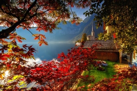 Hallstatt in autumn - trees, branches, hills, town, beautiful, Austria, mountain, fall, river, Hallstatt, autumn, mist, lake