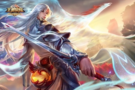 Warrior - sword, phoenix, fantasy, bird, game, armor, hand, man