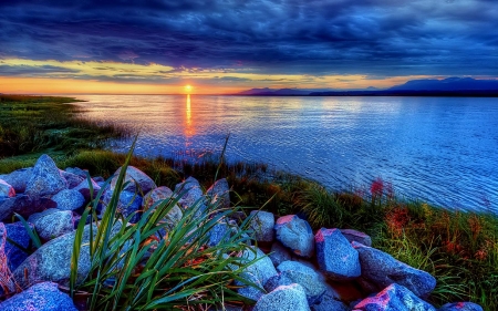 Beach Sunrise - stone, nature, sky, clouds, sea, sunrise