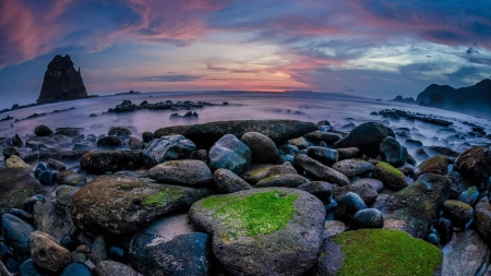 Papuma Beach at Sunset - clouds, papuma, stone, sunset, nature, beach, moss