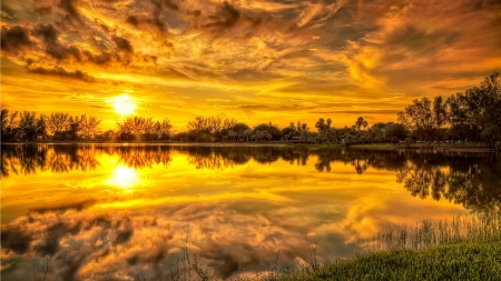 Clouds Reflection in Water - calm, nature, sky, lake, trees, yellow, reflection, clouds