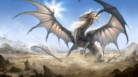 white dragon - white, dragon, landscape, barren