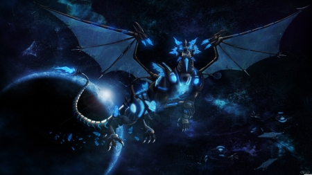 blue crystal dragon - dragon, crystal, planet, blue