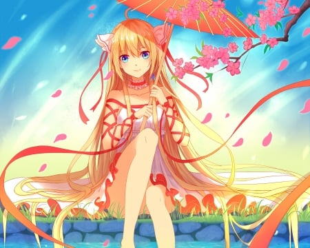 Girl - anime, sakura, blue, ears, fox, girl, spring, lan jue, flower, petals, pink, orange, manga, umbrella, luminos