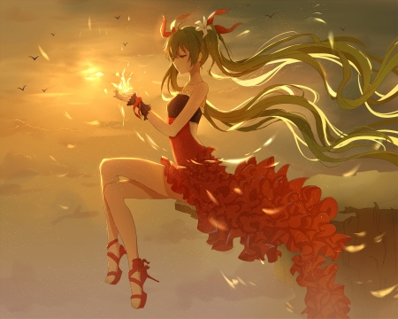 Hatsune Miku - anime, vocaloid, wo d, girl, lan jue, hatsune miku, manga, wind, red, luminos